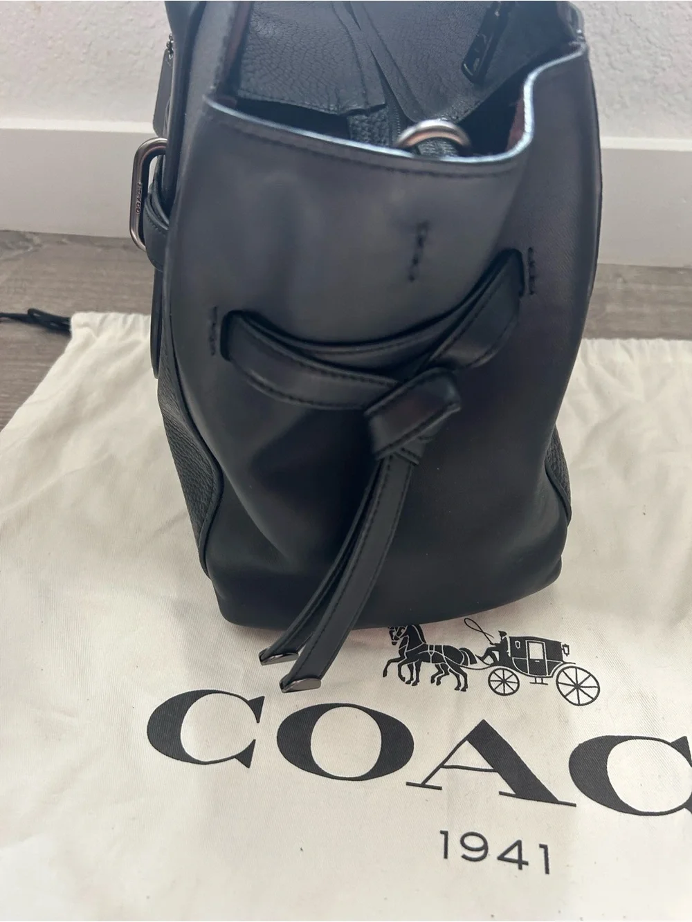Coach Black Leather Tote with Signature Tag